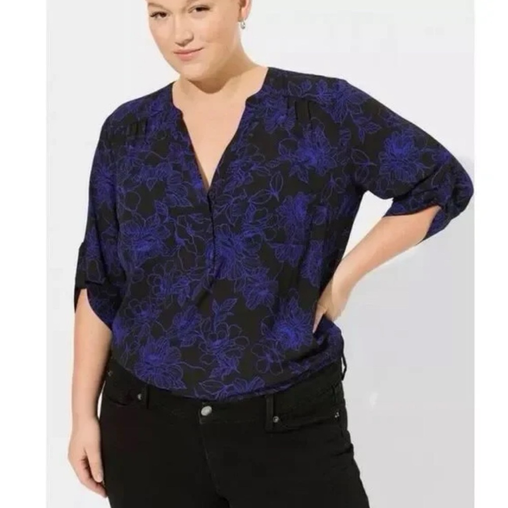 Torrid Blue and Black Cuffed Sleeve Blouse with Mandarin Collar Size 1 women’s